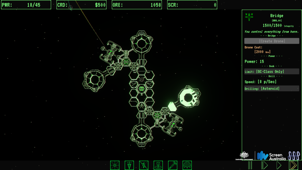 Screenshot of the game Management In Space. A prototype build from early September. It shows a small space station with some descriptive in-screen information.