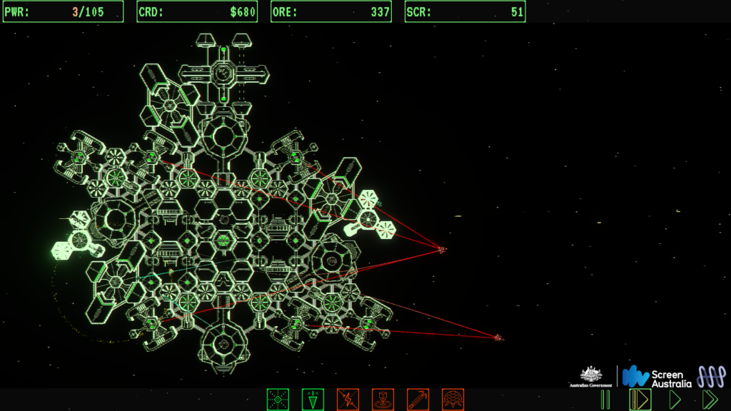 Screenshot of the game Management In Space. A prototype build from early September. It shows a space station defending itself from raiders.