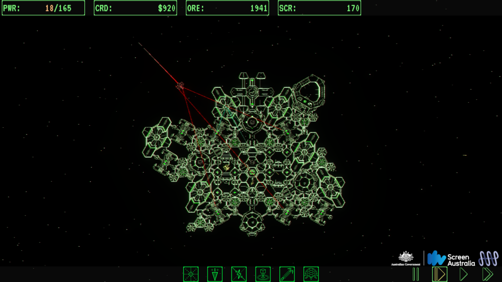 Screenshot of the game Management In Space. A prototype build from early September. It shows a space station defending itself from a raider.